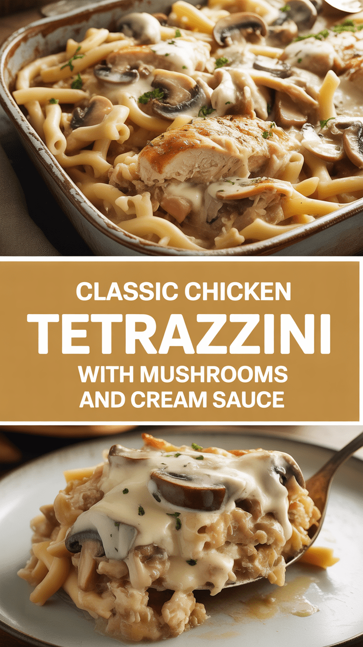 Classic chicken tetrazzini with mushrooms and cream sauce