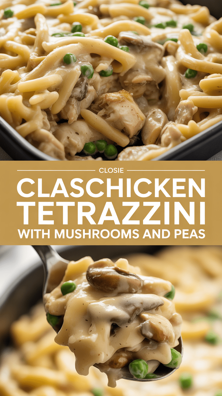Classic chicken tetrazzini with mushrooms and peas