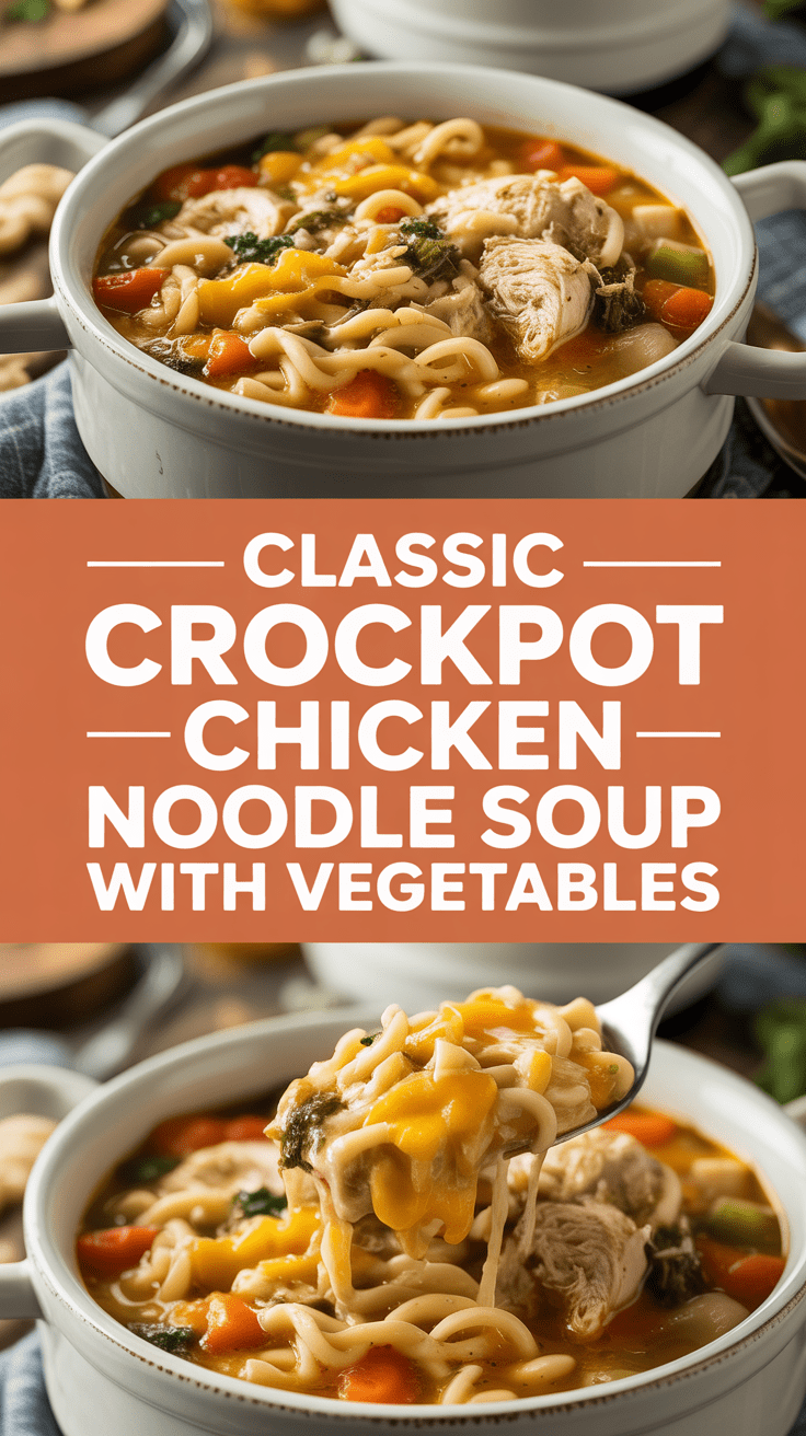 Classic crockpot chicken noodle soup with vegetables