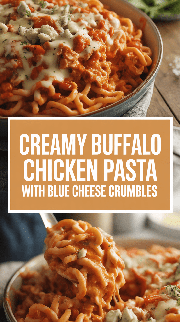 Creamy Buffalo Chicken Pasta with Blue Cheese Crumbles