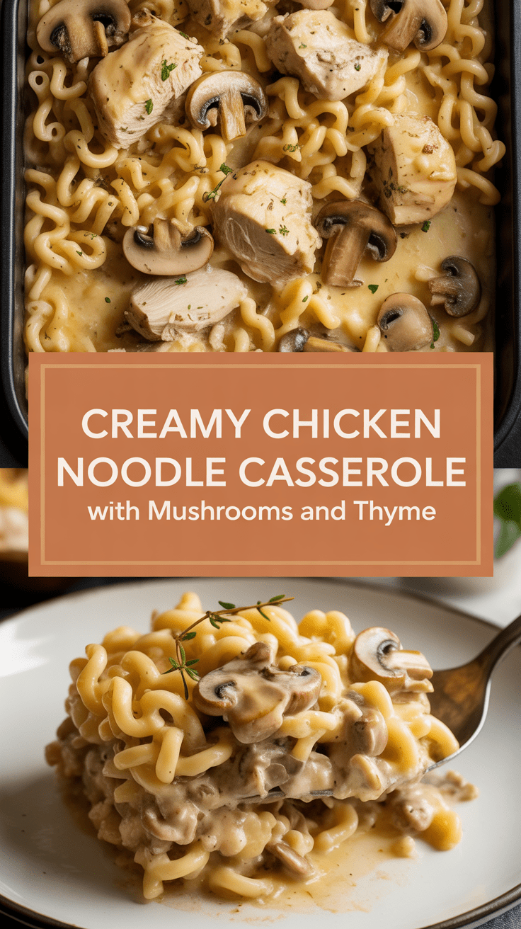 Creamy Chicken Noodle Casserole with Mushrooms and Thyme
