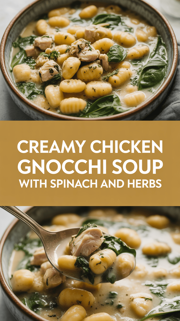 Creamy chicken gnocchi soup with spinach and herbs
