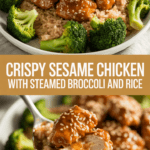 Crispy sesame chicken with steamed broccoli and rice