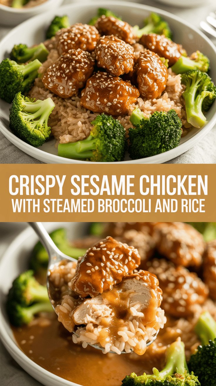Crispy sesame chicken with steamed broccoli and rice