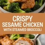 Crispy sesame chicken with steamed broccoli
