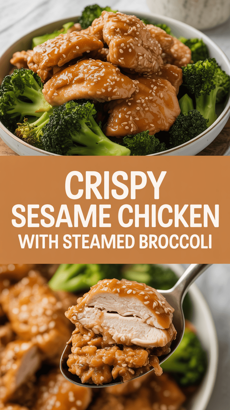 Crispy sesame chicken with steamed broccoli