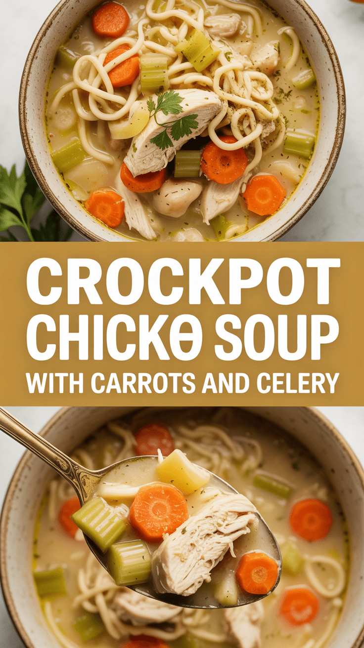Crockpot Chicken Noodle Soup with Carrots and Celery