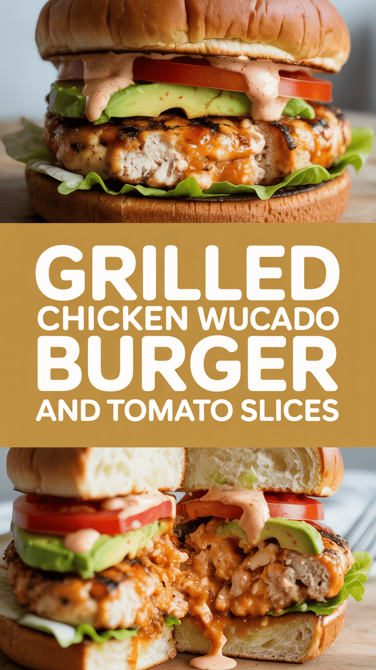 Grilled chicken burger with avocado and tomato slices