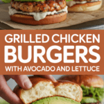 Grilled chicken burgers with avocado and lettuce