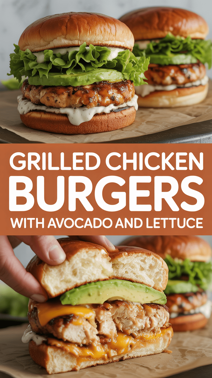 Grilled chicken burgers with avocado and lettuce