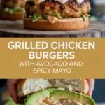 Grilled chicken burgers with avocado and spicy mayo