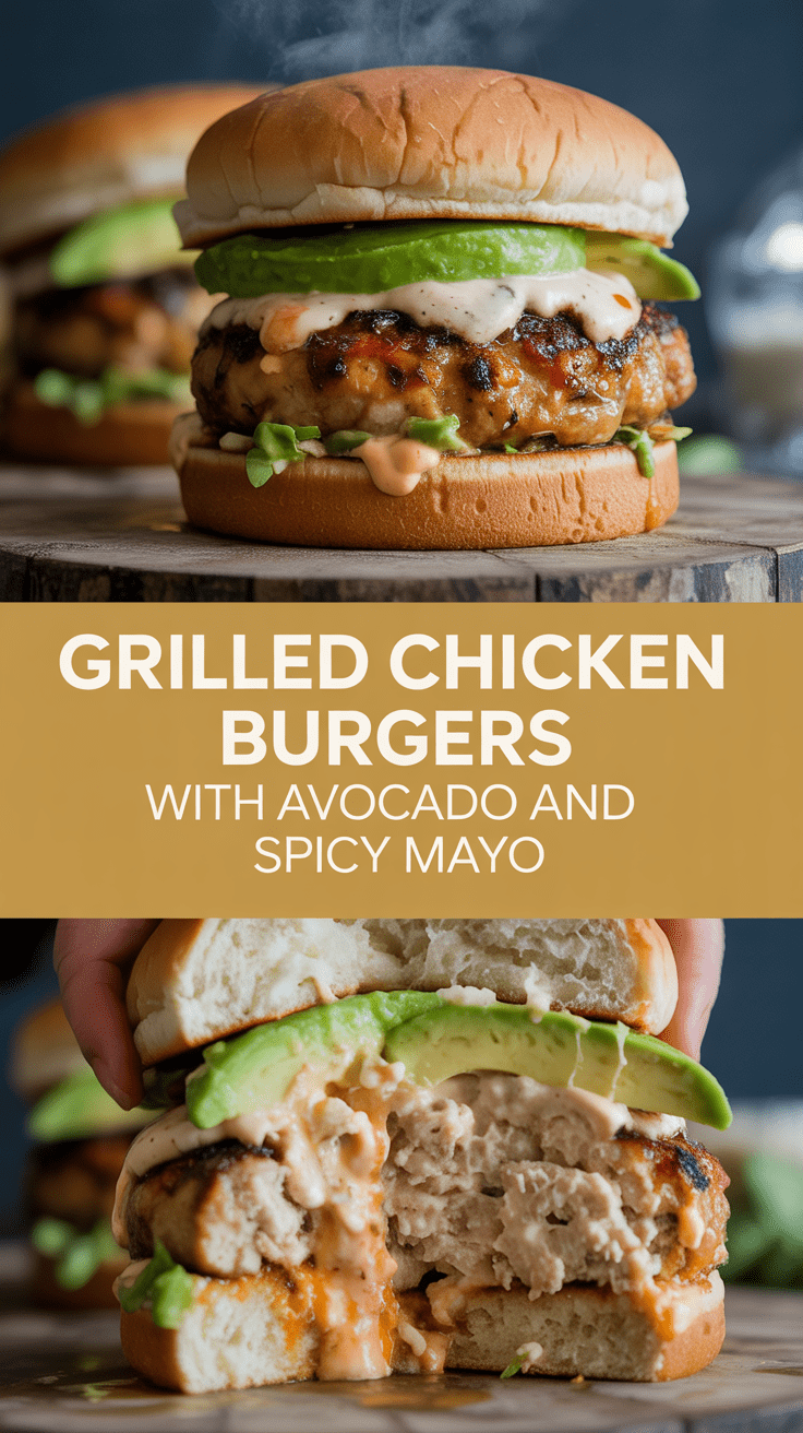 Grilled chicken burgers with avocado and spicy mayo