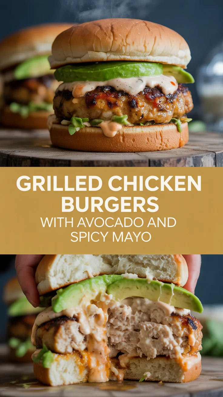 Grilled chicken burgers with avocado and spicy mayo