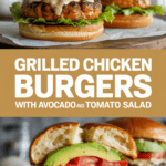 Grilled chicken burgers with avocado and tomato salad