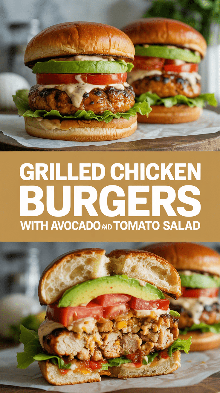 Grilled chicken burgers with avocado and tomato salad
