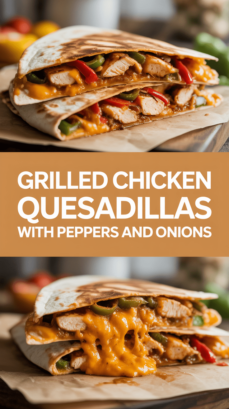 Grilled chicken quesadillas with peppers and onions