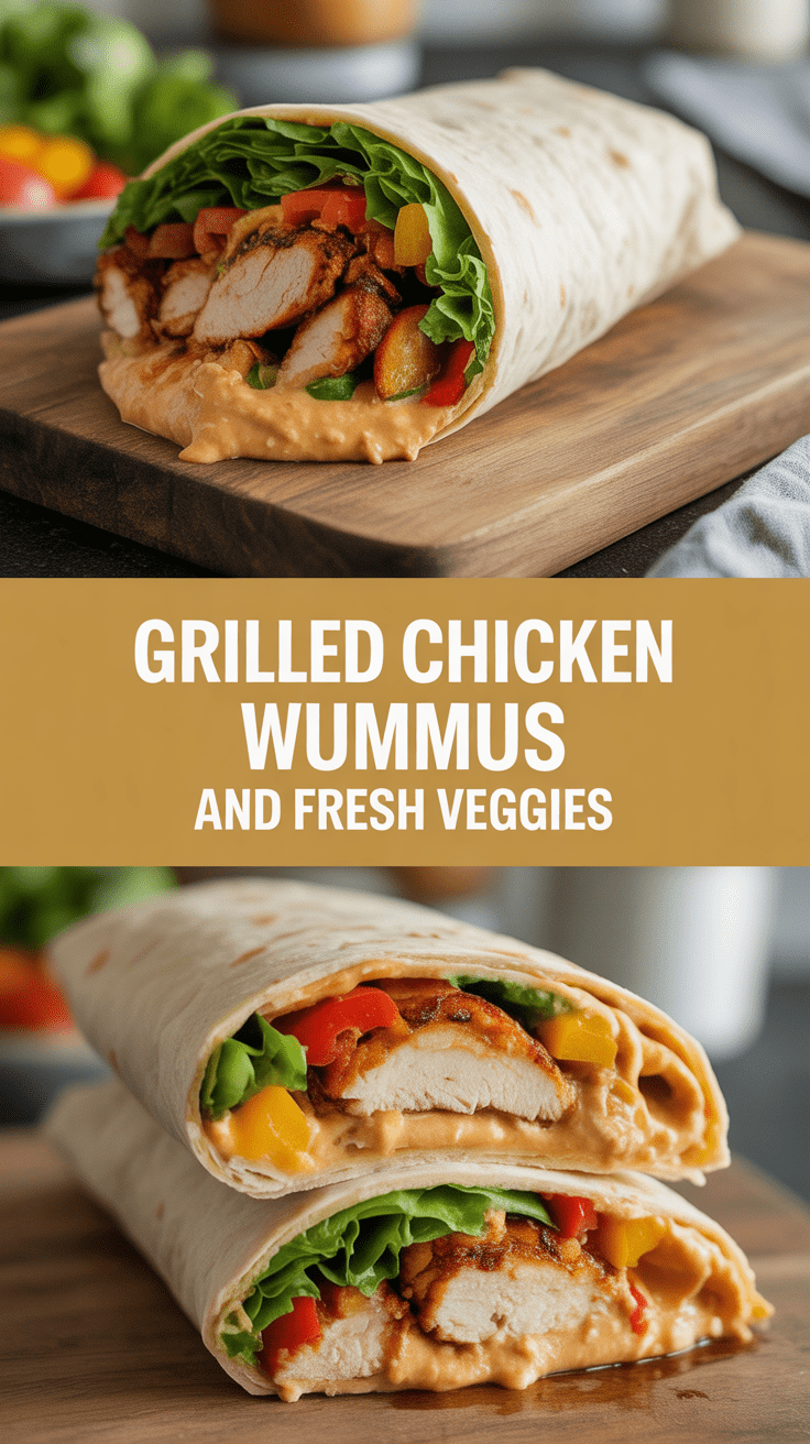 Grilled chicken wrap with hummus and fresh veggies