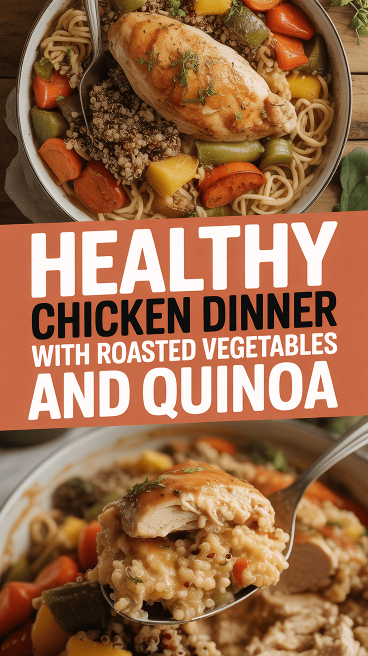 Healthy chicken dinner with roasted vegetables and quinoa