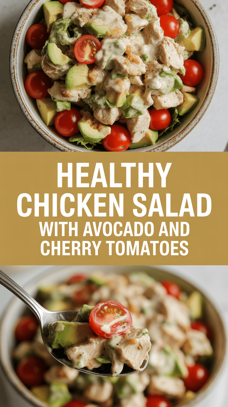 Healthy chicken salad with avocado and cherry tomatoes