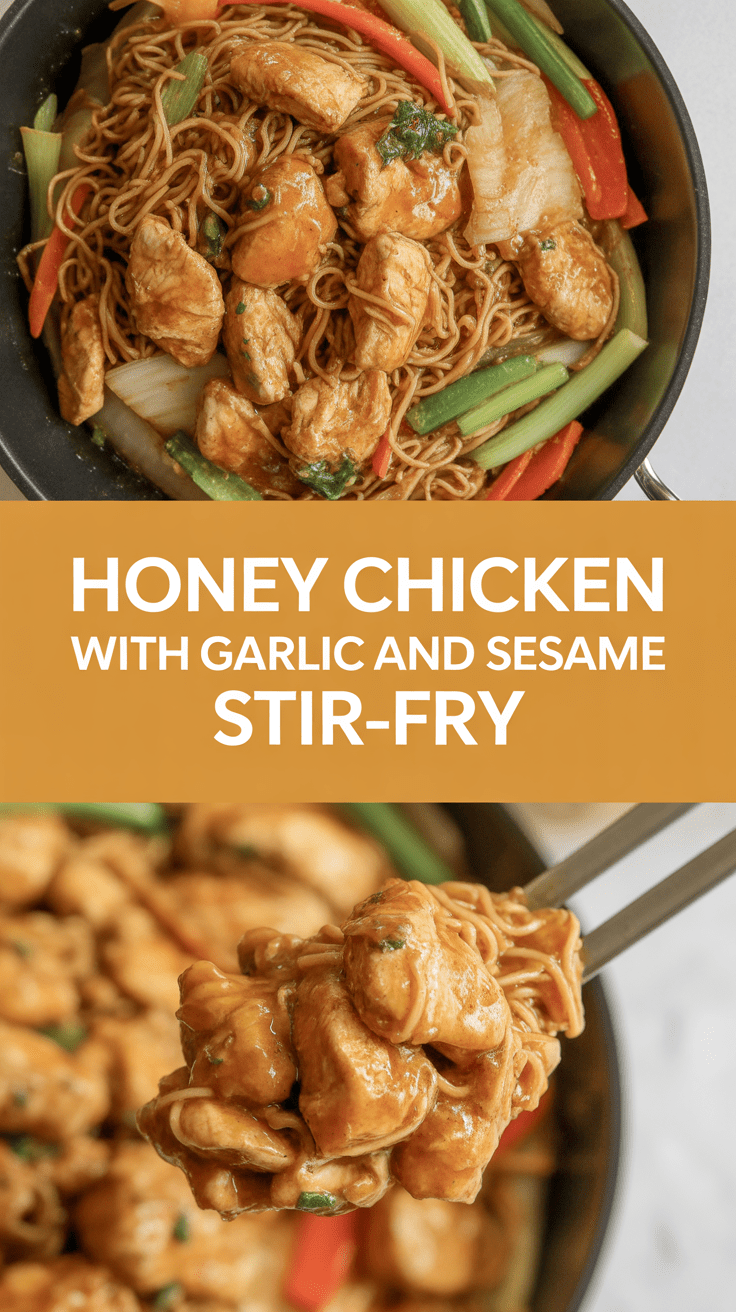 Honey chicken with garlic and sesame stir-fry