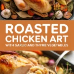 Roasted chicken art with garlic and thyme vegetables