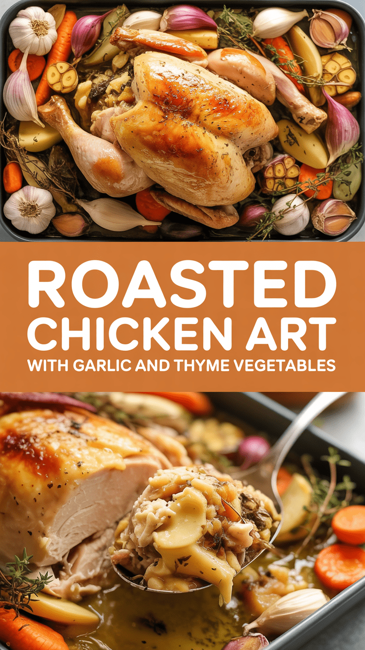 Roasted chicken art with garlic and thyme vegetables