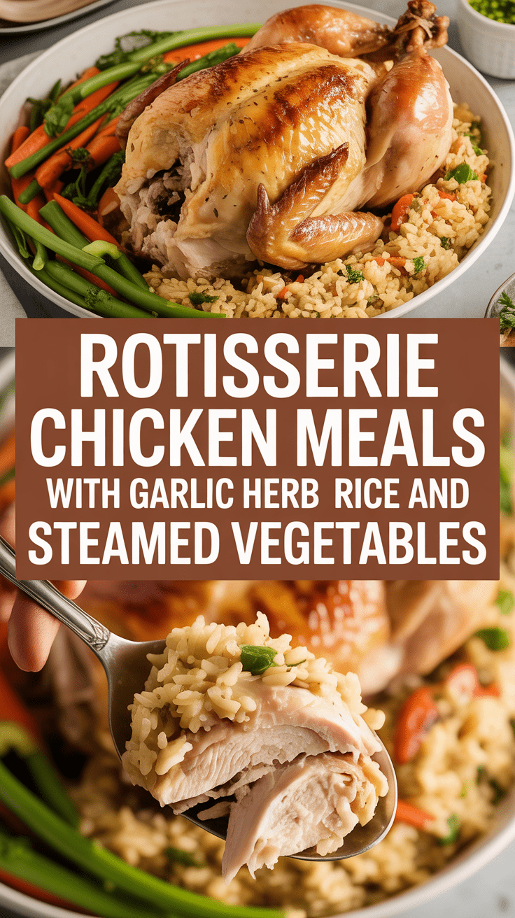 Rotisserie Chicken Meals with Garlic Herb Rice and Steamed Vegetables