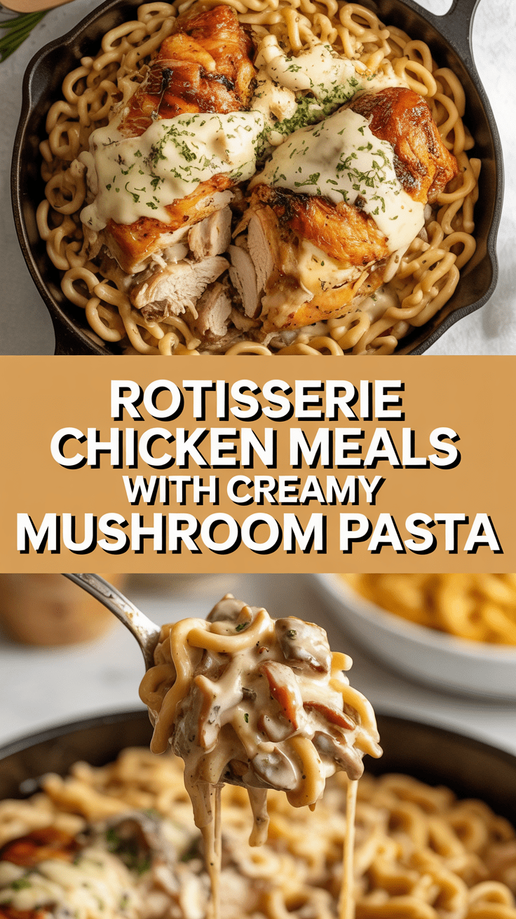 Rotisserie chicken meals with creamy mushroom pasta