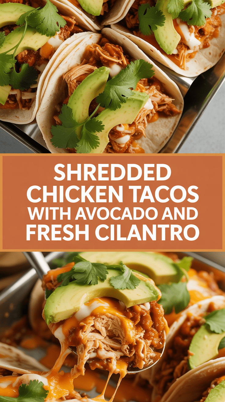 Shredded chicken tacos with avocado and fresh cilantro