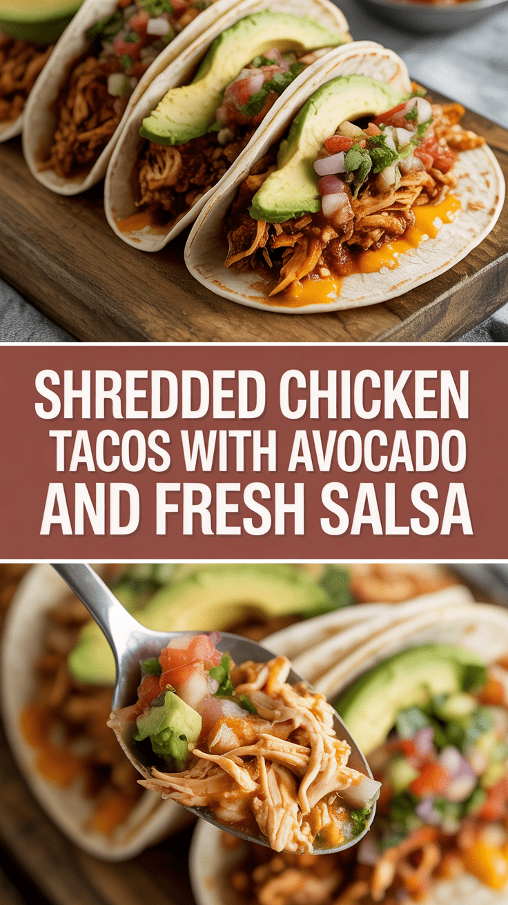 Shredded chicken tacos with avocado and fresh salsa
