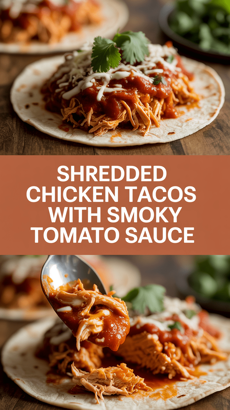 Shredded chicken tacos with smoky tomato sauce