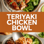 Teriyaki chicken bowl with steamed broccoli and rice