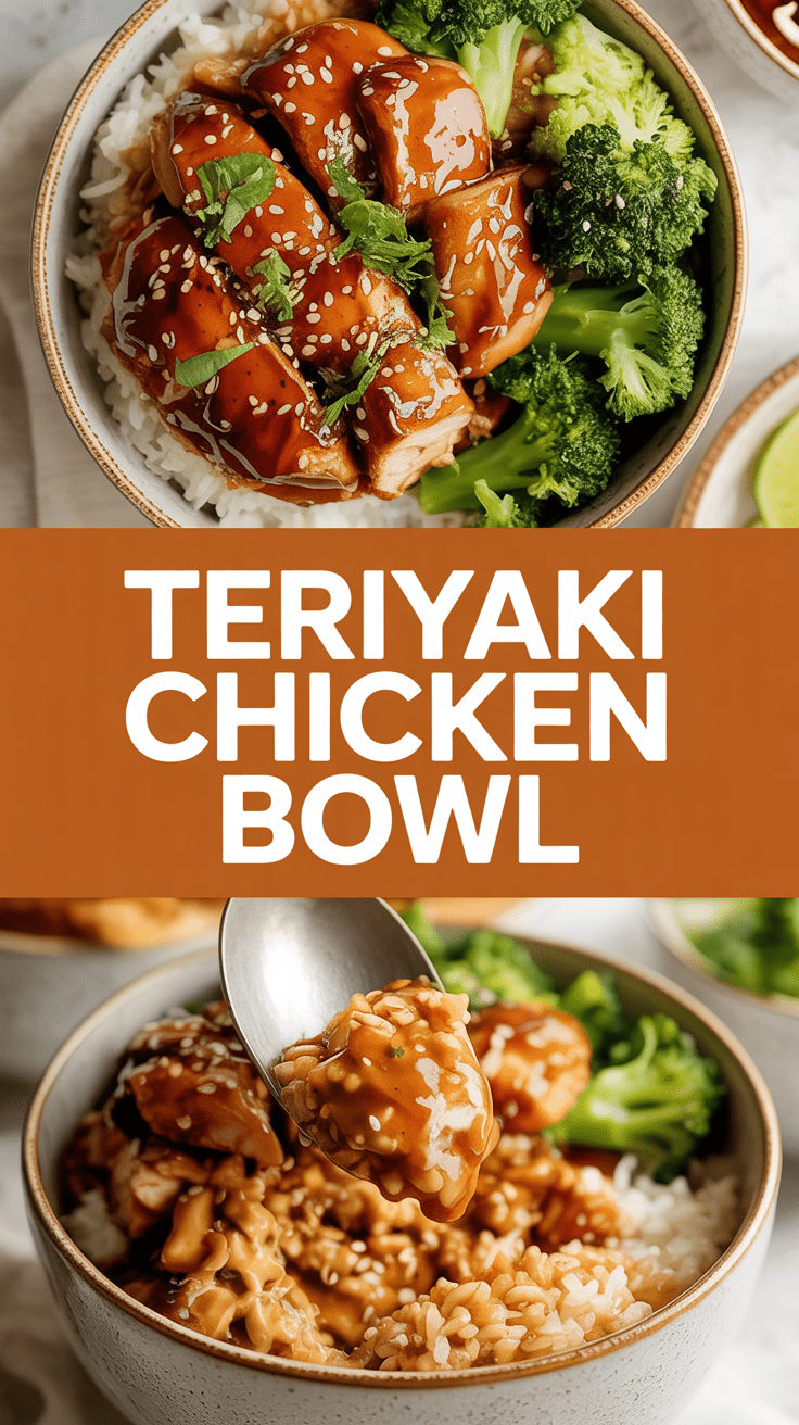 Teriyaki chicken bowl with steamed broccoli and rice