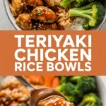 Teriyaki chicken rice bowls with steamed broccoli and carrots Teriyaki chicken rice bowls with steamed broccoli and carrots