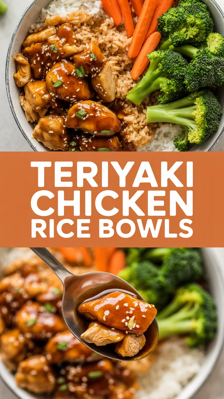 Teriyaki chicken rice bowls with steamed broccoli and carrots